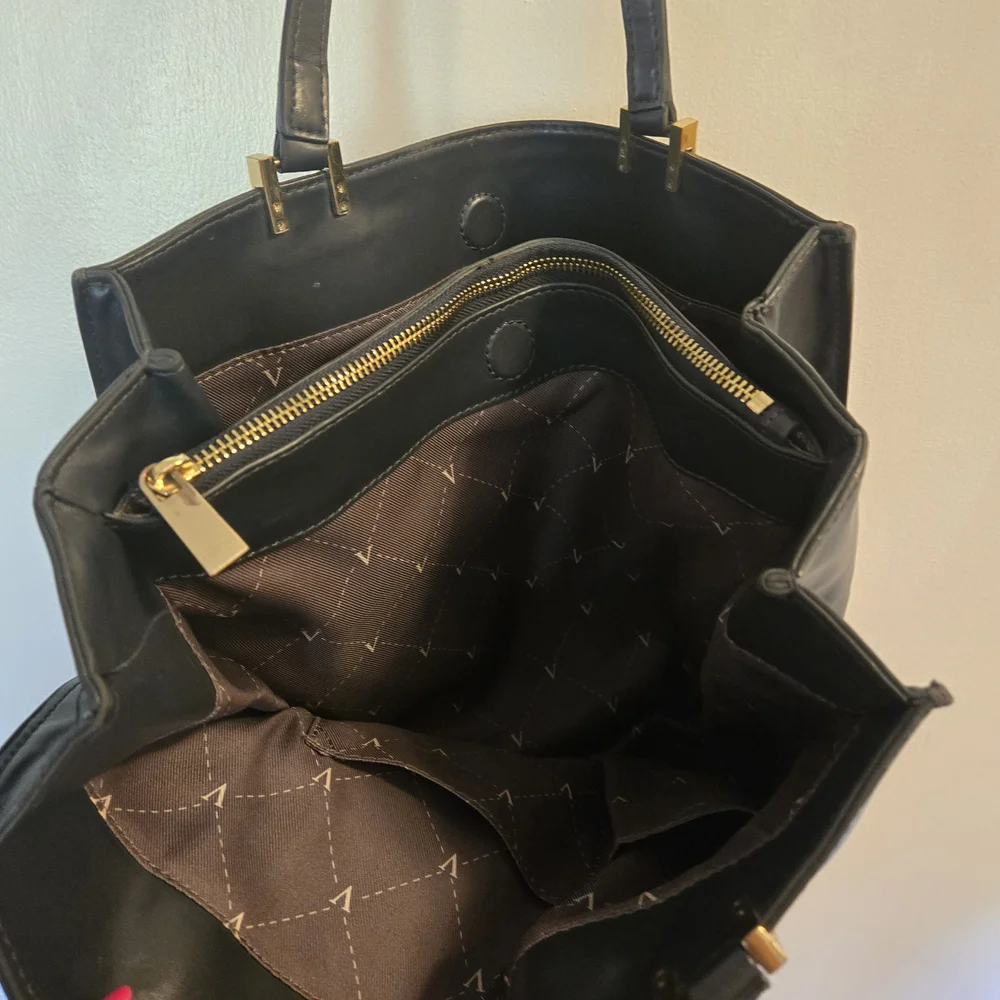 Black Leather Tote Bag with Gold Accent - Picture 5 of 13